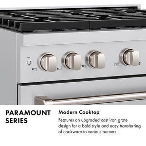Paramount Series Infographic. Modern Cooktop. Text: Features an upgraded cast iron grate design for a bold style and easy transferring of cookware to various burners.