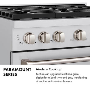 Paramount Series Infographic. Image: Cooktop with grates. Text: Modern Cooktop. Features an upgraded cast iron grate design for a bold style and easy transferring of cookware to various burners.