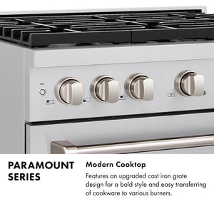 Paramount Series Infographic. Image: Cooktop with grates. Text: Modern Cooktop. Features an upgraded cast iron grate design for a bold style and easy transferring of cookware to various burners.