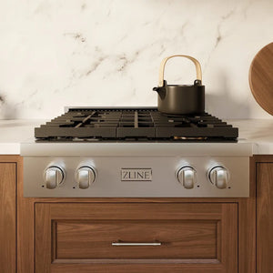 ZLINE 30 in. Paramount Gas Rangetop with 4 Burners and Porcelain Cooktop in Stainless Steel (SRT30) in a luxury kitchen.