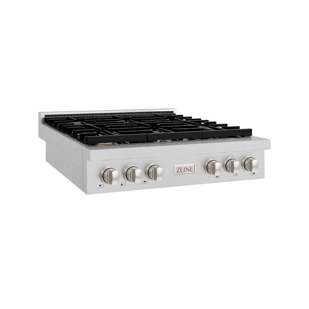 ZLINE 36 in. Paramount Gas Rangetop with 6 Brass Burners and Porcelain Cooktop in Satin Stainless Steel (SRTS-BR-36) side.