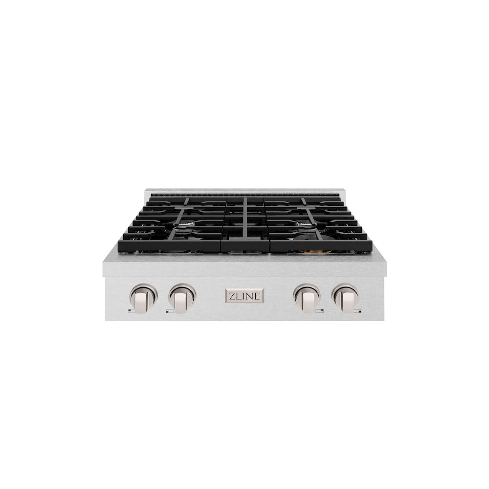 ZLINE 30 in. Paramount Gas Rangetop with 4 Burners and Porcelain Cooktop in Satin Stainless Steel (SRTS-30) front.
