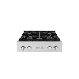 ZLINE 30 in. Paramount Gas Rangetop with 4 Burners and Porcelain Cooktop in Satin Stainless Steel (SRTS-30) front.