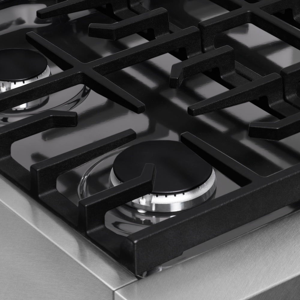 ZLINE 30 in. Paramount Gas Rangetop with 4 Burners and Porcelain Cooktop in Satin Stainless Steel (SRTS-30) cast iron grates.