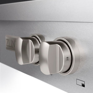 ZLINE 30 in. Paramount Gas Rangetop with 4 Burners and Porcelain Cooktop in Satin Stainless Steel (SRTS-30) knobs.