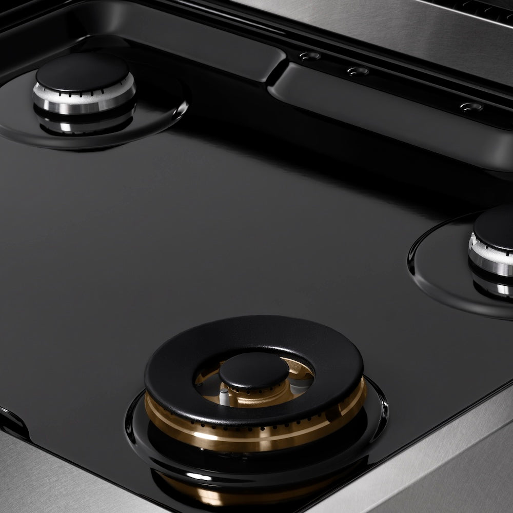 ZLINE 30 in. Paramount Gas Rangetop with 4 Burners and Porcelain Cooktop in Satin Stainless Steel (SRTS-30) black porcelain cooktop.