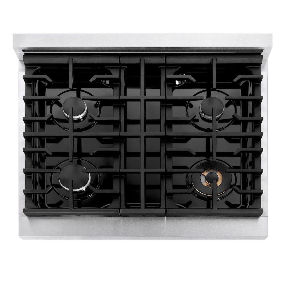 ZLINE 30 in. Paramount Gas Rangetop with 4 Burners and Porcelain Cooktop in Satin Stainless Steel (SRTS-30) top-down, above cooktop.