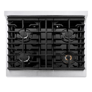 ZLINE 30 in. Paramount Gas Rangetop with 4 Burners and Porcelain Cooktop in Satin Stainless Steel (SRTS-30) top-down, above cooktop.