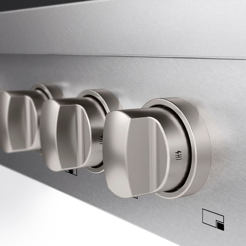 ZLINE 36 in. Paramount Gas Rangetop with 6 Burners and Porcelain Cooktop in Satin Stainless Steel (SRTS-36) knobs.