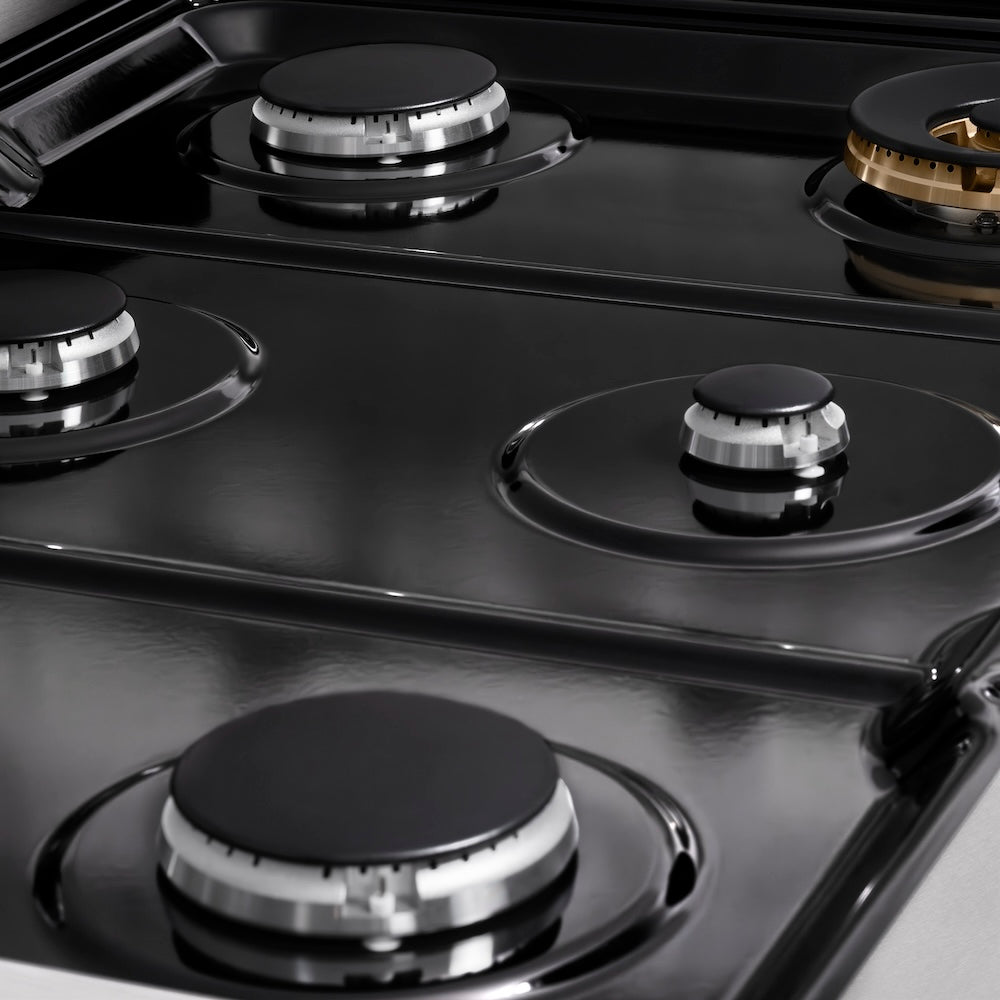 ZLINE 36 in. Paramount Gas Rangetop with 6 Burners and Porcelain Cooktop in Satin Stainless Steel (SRTS-36) black porcelain cooktop.