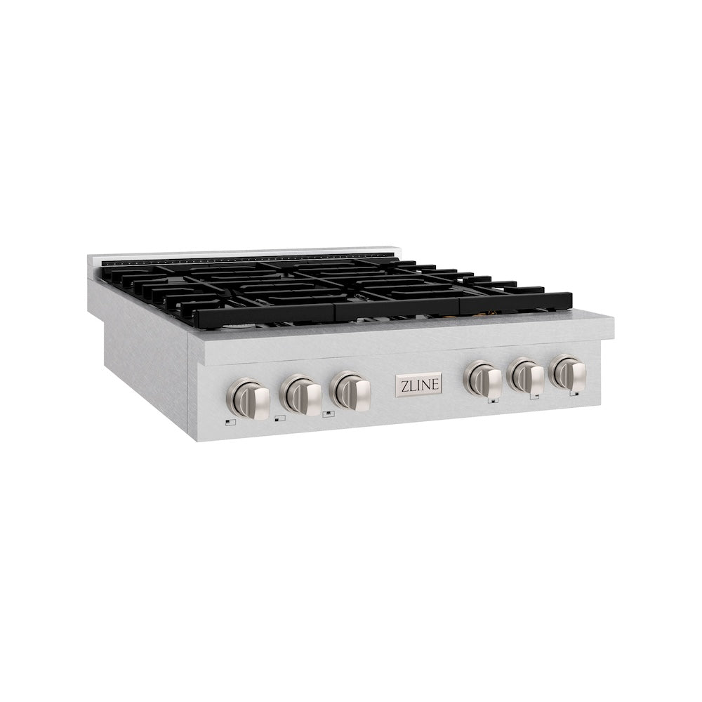 ZLINE 36 in. Paramount Gas Rangetop with 6 Burners and Porcelain Cooktop in Satin Stainless Steel (SRTS-36) side.
