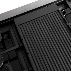 ZLINE 48 in. Paramount Gas Rangetop with 8 Burners and Porcelain Cooktop in Satin Stainless Steel (SRTS-48) reversible griddle.