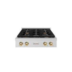 ZLINE Autograph Edition 30 in. Paramount Gas Rangetop with 4 Burners and Porcelain Cooktop in Satin Stainless Steel with Champagne Bronze Accents (SRTSZ-30-CB) front.