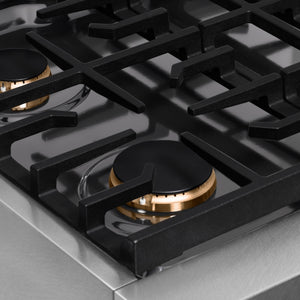 ZLINE Autograph Edition 30 in. Paramount Gas Rangetop with 4 Burners and Porcelain Cooktop in Satin Stainless Steel with Champagne Bronze Accents (SRTSZ-30-CB) cast iron grates.
