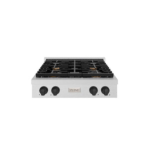 ZLINE Autograph Edition 30 in. Paramount Gas Rangetop with 4 Burners and Porcelain Cooktop in Satin Stainless Steel with Matte Black Accents (SRTSZ-30-MB) front.