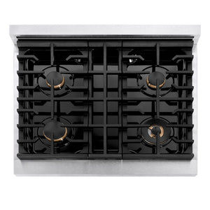 ZLINE Autograph Edition 30 in. Paramount Gas Rangetop with 4 Burners and Porcelain Cooktop in Satin Stainless Steel with Matte Black Accents (SRTSZ-30-MB) top-down, above cooktop.