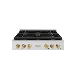 ZLINE Autograph Edition 36 in. Paramount Gas Rangetop with 6 Burners and Porcelain Cooktop in Satin Stainless Steel with Champagne Bronze Accents (SRTSZ-36-CB) front.