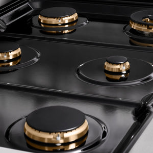ZLINE Autograph Edition 36 in. Paramount Gas Rangetop with 6 Burners and Porcelain Cooktop in Satin Stainless Steel with Champagne Bronze Accents (SRTSZ-36-CB) black porcelain cooktop.