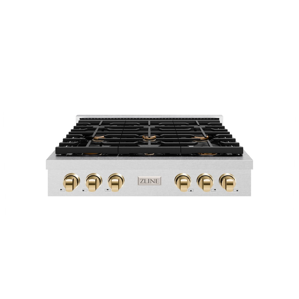 ZLINE Autograph Edition 36 in. Paramount Gas Rangetop with 6 Burners and Porcelain Cooktop in Satin Stainless Steel with Polished Gold Accents (SRTSZ-36-G) front.