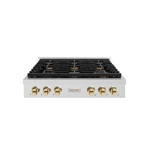 ZLINE Autograph Edition 36 in. Paramount Gas Rangetop with 6 Burners and Porcelain Cooktop in Satin Stainless Steel with Polished Gold Accents (SRTSZ-36-G) front.