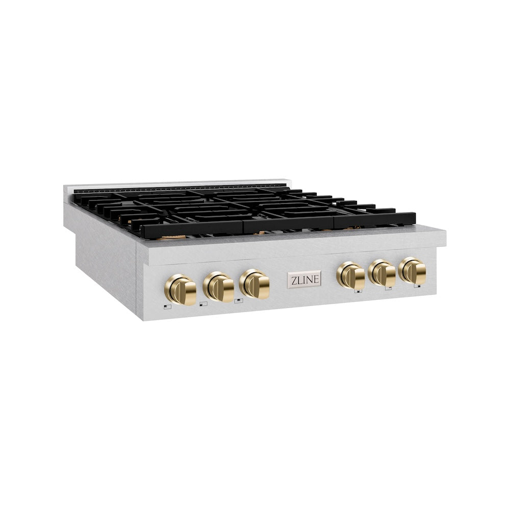 ZLINE Autograph Edition 36 in. Paramount Gas Rangetop with 6 Burners and Porcelain Cooktop in Satin Stainless Steel with Polished Gold Accents (SRTSZ-36-G) side.