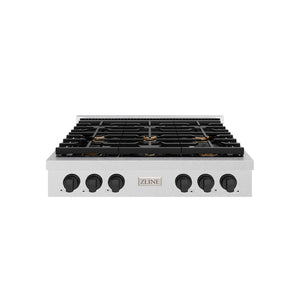 ZLINE Autograph Edition 36 in. Paramount Gas Rangetop with 6 Burners and Porcelain Cooktop in Satin Stainless Steel with Matte Black Accents (SRTSZ-36-MB) front.