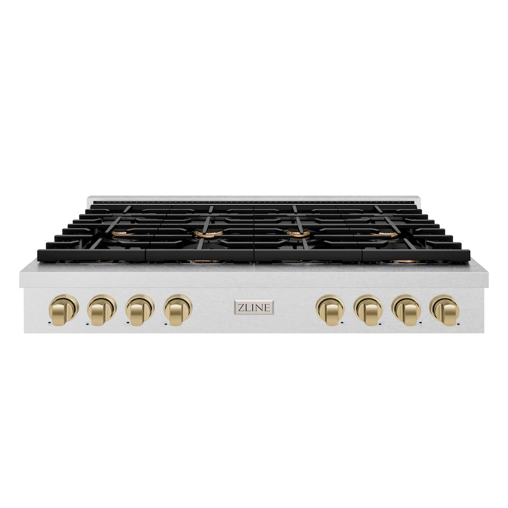 ZLINE Autograph Edition 48 in. Paramount Gas Rangetop with 8 Burners and Porcelain Cooktop in Satin Stainless Steel with Champagne Bronze Accents (SRTSZ-48-CB) front.