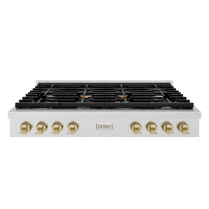 ZLINE Autograph Edition 48 in. Paramount Gas Rangetop with 8 Burners and Porcelain Cooktop in Satin Stainless Steel with Champagne Bronze Accents (SRTSZ-48-CB) front.