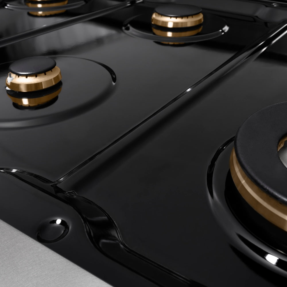 ZLINE Autograph Edition 48 in. Paramount Gas Rangetop with 8 Burners and Porcelain Cooktop in Satin Stainless Steel with Champagne Bronze Accents (SRTSZ-48-CB) black porcelain cooktop.