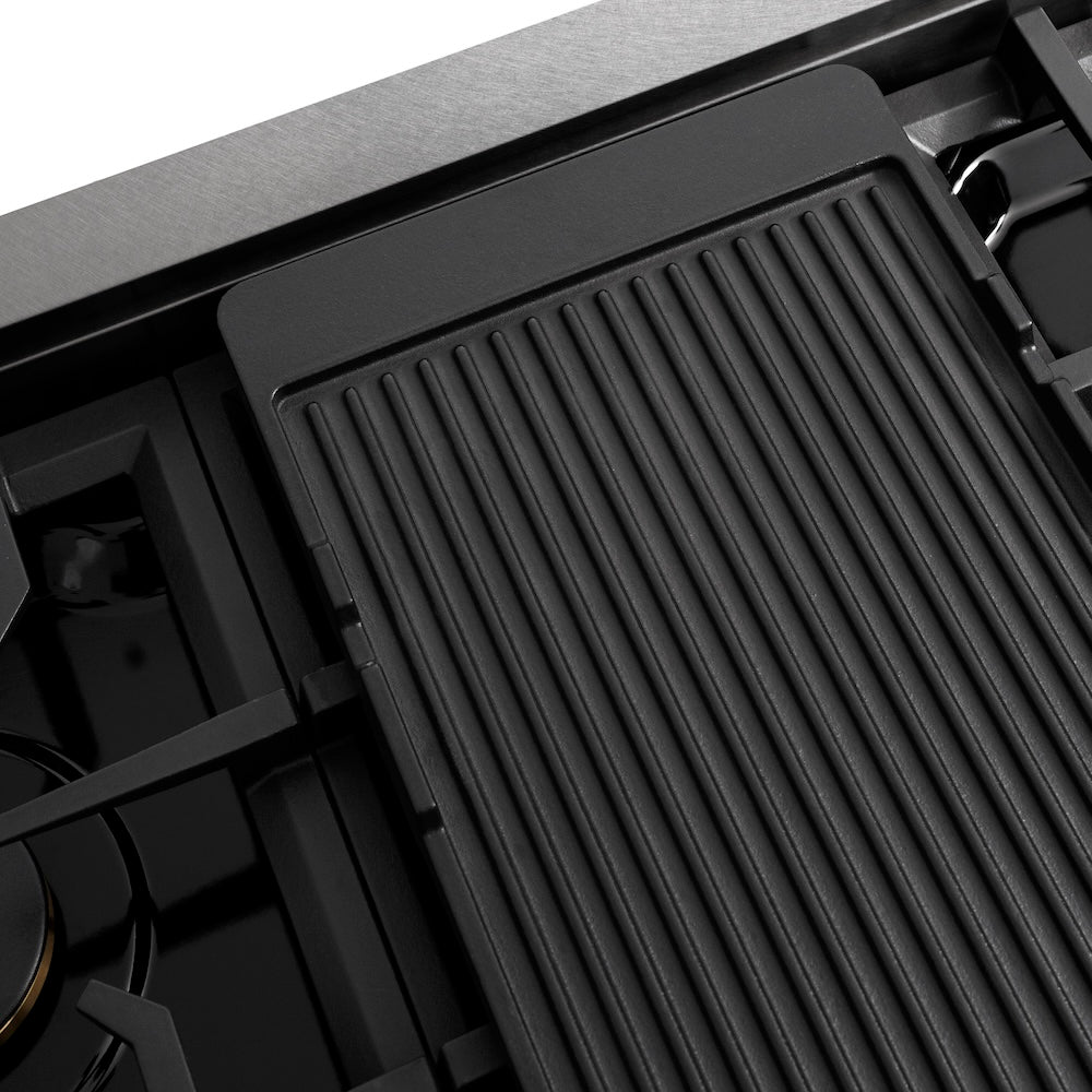 ZLINE Autograph Edition 48 in. Paramount Gas Rangetop with 8 Burners and Porcelain Cooktop in Satin Stainless Steel with Champagne Bronze Accents (SRTSZ-48-CB) reversible griddle.