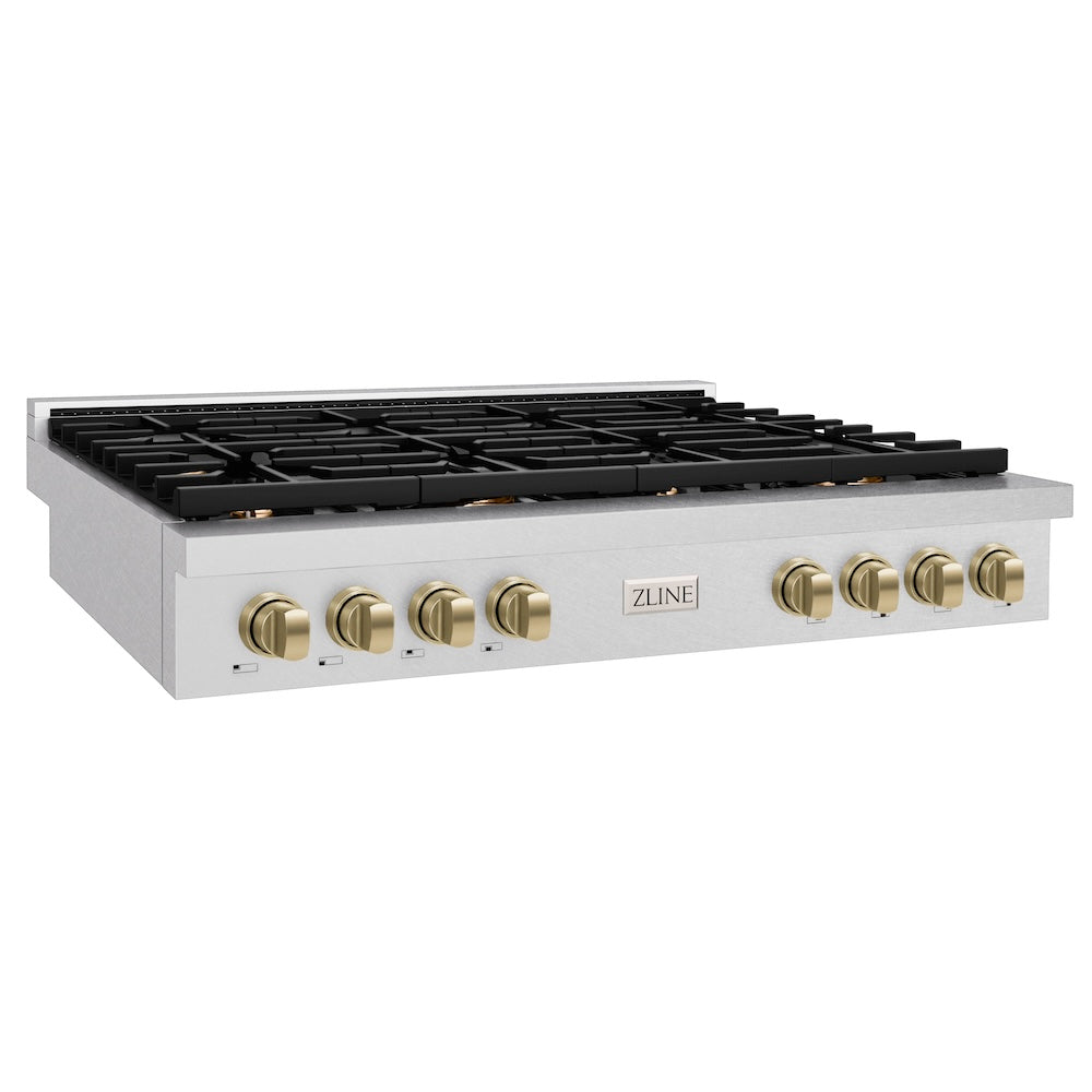 ZLINE Autograph Edition 48 in. Paramount Gas Rangetop with 8 Burners and Porcelain Cooktop in Satin Stainless Steel with Champagne Bronze Accents (SRTSZ-48-CB) side.