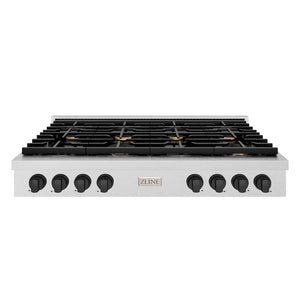 ZLINE Autograph Edition 48 in. Paramount Gas Rangetop with 8 Burners and Porcelain Cooktop in Satin Stainless Steel with Matte Black Accents (SRTSZ-48-MB) front.