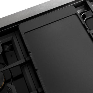 ZLINE Autograph Edition 48 in. Paramount Gas Rangetop with 8 Burners and Porcelain Cooktop in Satin Stainless Steel with Matte Black Accents (SRTSZ-48-MB) reversible griddle.