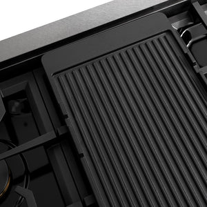 ZLINE Autograph Edition 48 in. Paramount Gas Rangetop with 8 Burners and Porcelain Cooktop in Satin Stainless Steel with Matte Black Accents (SRTSZ-48-MB) reversible griddle.