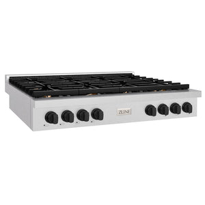ZLINE Autograph Edition 48 in. Paramount Gas Rangetop with 8 Burners and Porcelain Cooktop in Satin Stainless Steel with Matte Black Accents (SRTSZ-48-MB) side.