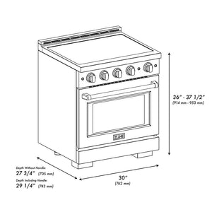 ZLINE 30 in. 4.2 cu. ft. Paramount Induction Range with 4 Element Cooktop and Electric Convection Oven in Stainless Steel (SINR30) dimensional diagram.