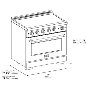 ZLINE Autograph Edition 36 in. 5.2 cu. ft. Paramount Induction Range with 5 Element Cooktop and Electric Convection Oven in Black Stainless Steel with Polished Gold Helix Handle and Knob Accents (SINRBZ-36-KG) dimensional diagram.