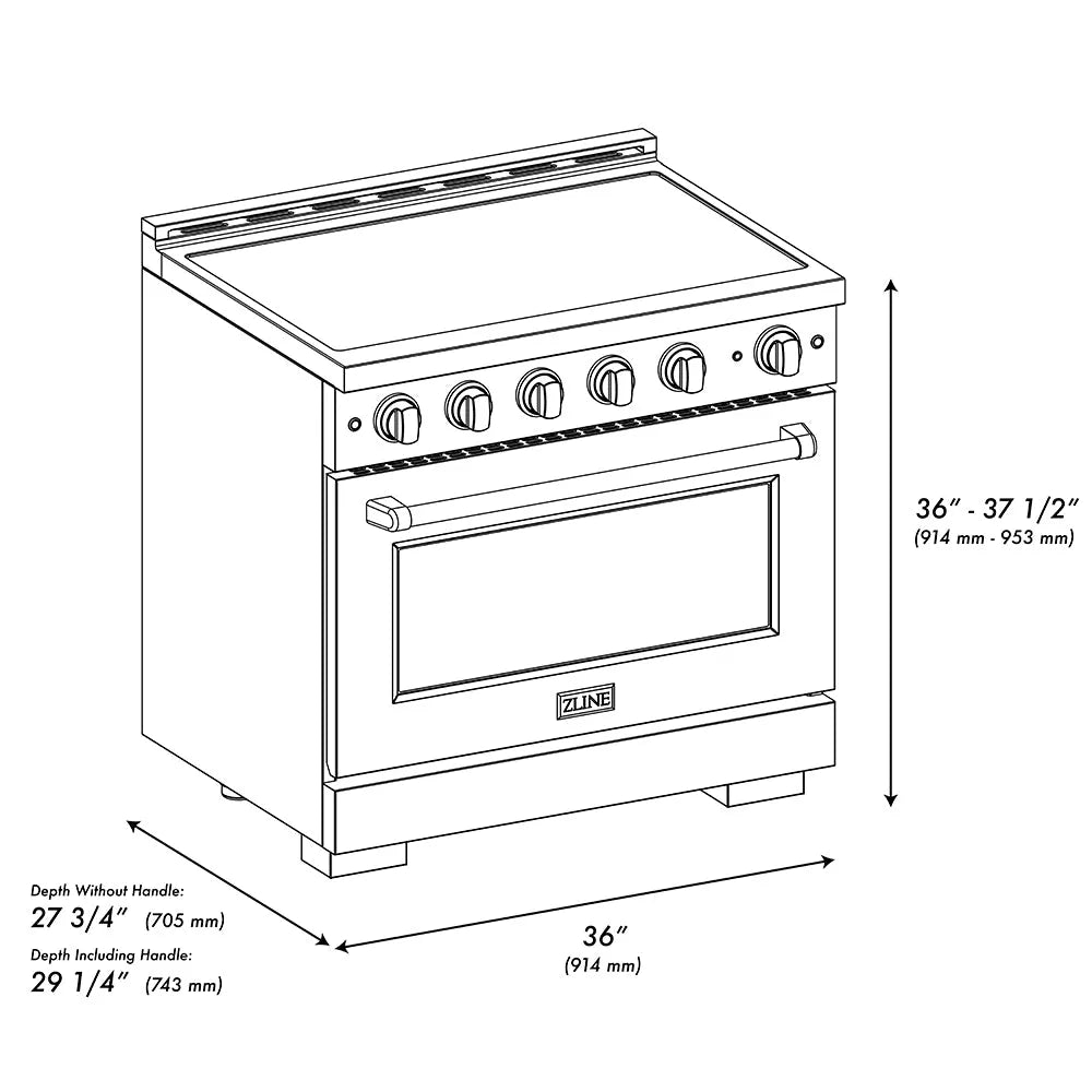 ZLINE Autograph Edition 36 in. 5.2 cu. ft. Paramount Induction Range with 5 Element Cooktop and Electric Convection Oven in Black Stainless Steel with Polished Gold Accents (SINRBZ-36-G) dimensional diagram.