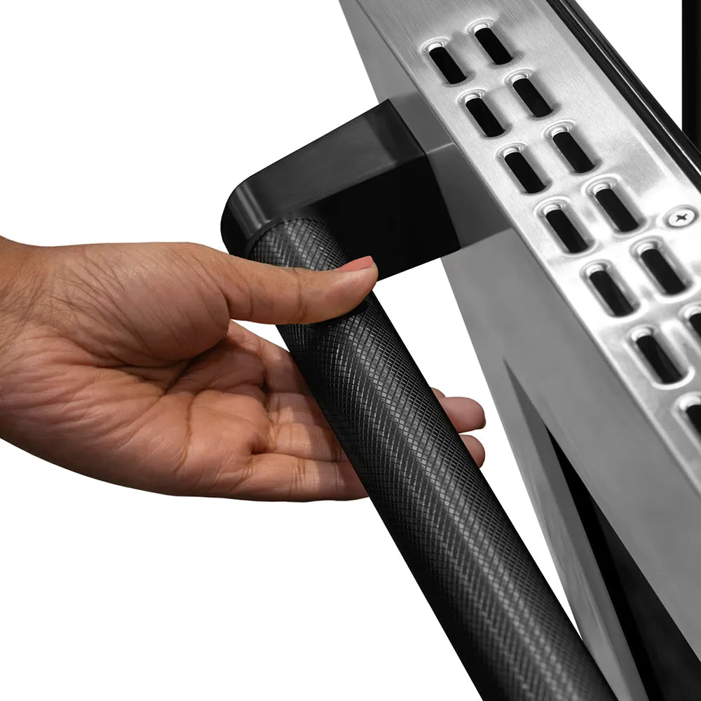 ZLINE 36 in. Helix Handle (Set of 1) for Paramount and Select Ranges in Black Stainless Steel (SGZ-054-K-BS) on appliance showing diamond knurled details.