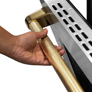 ZLINE Autograph Edition 36 in. Helix Handle (Set of 1) for Paramount and Select Ranges in Polished Gold (SGZ-054-K-G) on appliance showing diamond knurled details.