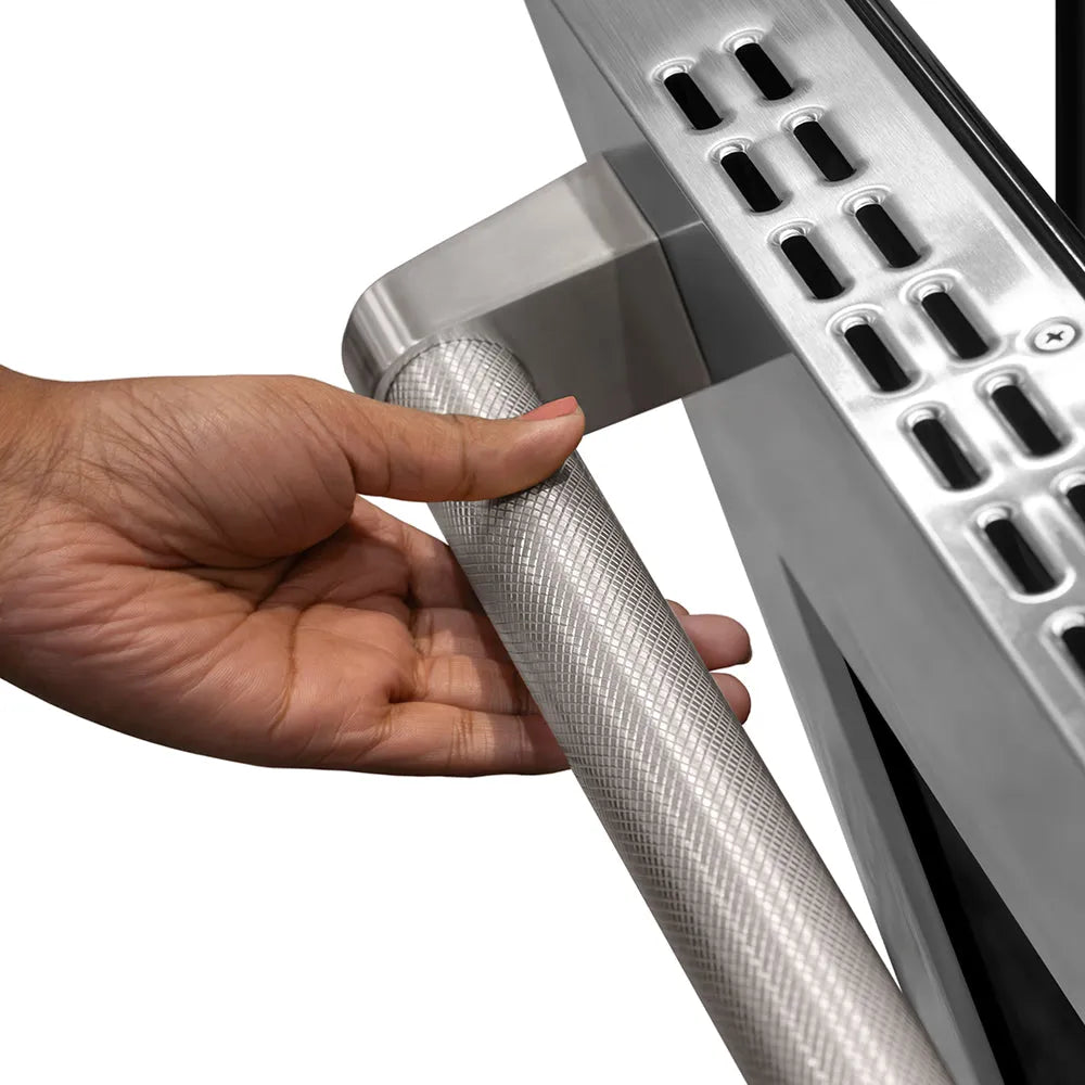 ZLINE 36 in. Helix Handle (Set of 1) for Paramount and Select Ranges in Stainless Steel (SGZ-054-K-ST) on appliance showing diamond knurled details.