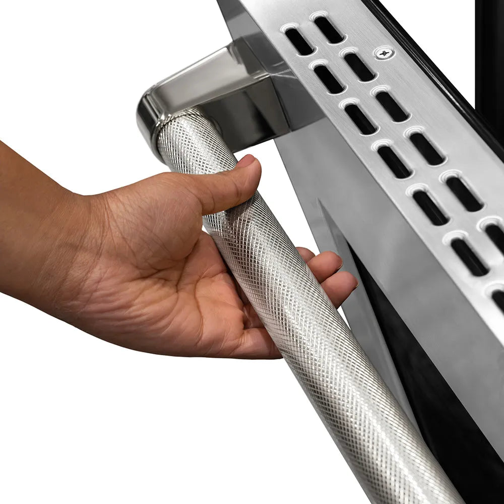 ZLINE Autograph Edition 30 in. Helix Handle (Set of 1) for Paramount and Select Ranges in Polished Nickel (SGZ-054B-K-PN) on appliance showing diamond knurled details.