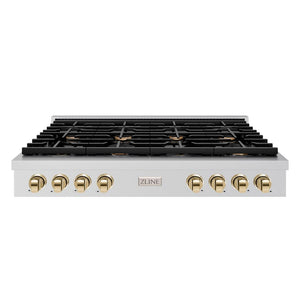 ZLINE 48 in. Autograph Edition Paramount Gas Rangetop with 8 Burners and Porcelain Cooktop in Stainless Steel with Polished Gold Accents (SRTZ-48-G) front.