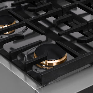ZLINE 30 in. Paramount Gas Rangetop with 4 Brass Burners and Porcelain Cooktop in Stainless Steel (SRT-BR-30) close-up detail, cast-iron cooktop grates.