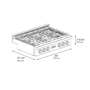 ZLINE 36 in. Paramount Gas Rangetop with 6 Burners and Porcelain Cooktop in Stainless Steel (SRT36) dimensional diagram.