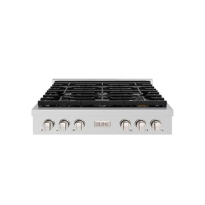 ZLINE 36 in. Paramount Gas Rangetop with 6 Burners and Porcelain Cooktop in Stainless Steel (SRT36) front.