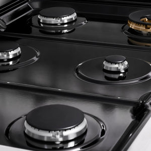 ZLINE 36 in. Paramount Gas Rangetop with 6 Burners and Porcelain Cooktop in Stainless Steel (SRT36) close-up detail, black porcelain cooktop without grates.