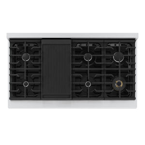ZLINE 48 in. 6.7 cu. ft. Marino Double Oven Dual Fuel Range with 8 Burner Gas Cooktop in Stainless Steel with White Matte Doors (MDR-WM-48) top-down, above cooking surface.