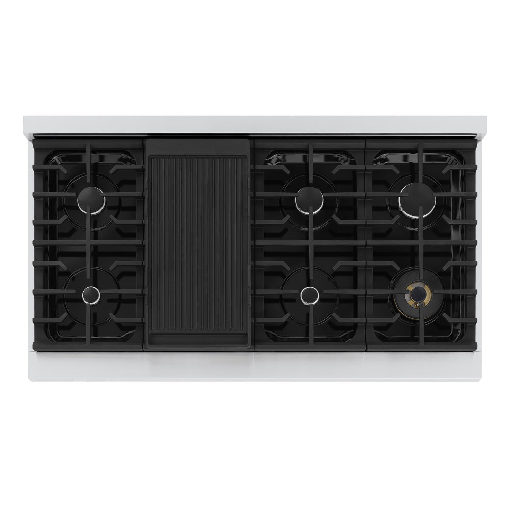 ZLINE 48 in. 6.7 cu. ft. Marino Double Oven Gas Range with 8 Burner Cooktop in Stainless Steel with White Matte Doors (MGR-WM-48) top-down, above cooking surface.