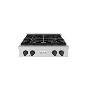 ZLINE 30 in. Autograph Edition Paramount Gas Rangetop with 4 Burners and Porcelain Cooktop in Stainless Steel with Matte Black Accents (SRTZ-30-MB) front.